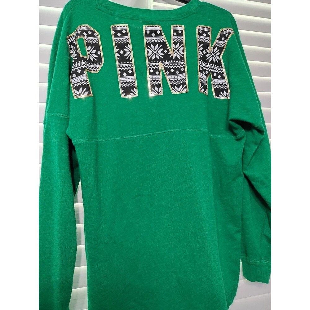PINK Victorias Secret Sweatshirt Womens Sz Med Green Spell Out Pullover Sequence